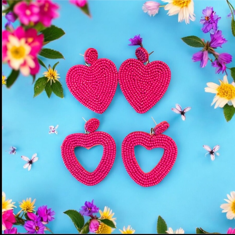 Pink Beaded Heart Earring Set